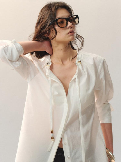 AnnoMundi Soft 100 Percent Cotton Relaxed Fit Casual Long Sleeve White Women Blouses