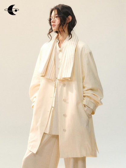 AnnoMundi Soft Cotton Lyocell Patchwork Striped Midlength Single Breasted Women Beige Coat