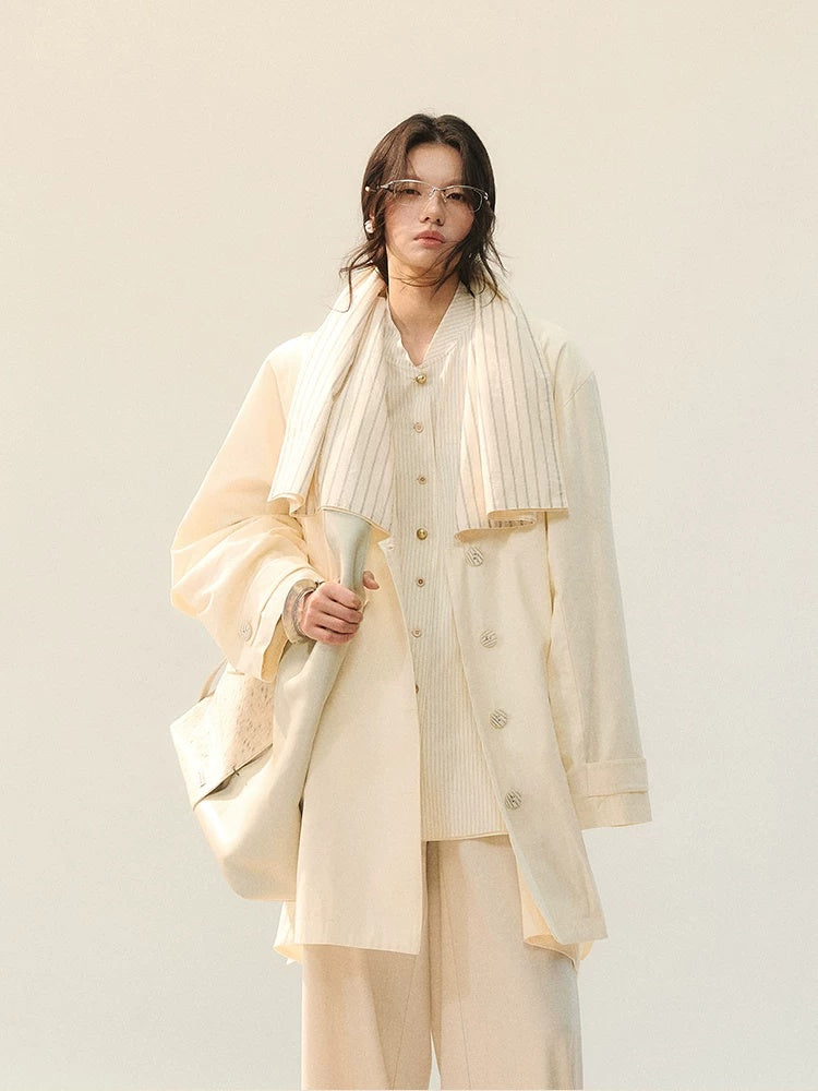 AnnoMundi Soft Cotton Lyocell Patchwork Striped Midlength Single Breasted Women Beige Coat