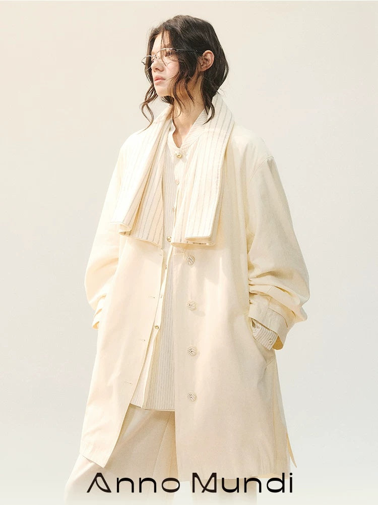 AnnoMundi Soft Cotton Lyocell Patchwork Striped Midlength Single Breasted Women Beige Coat