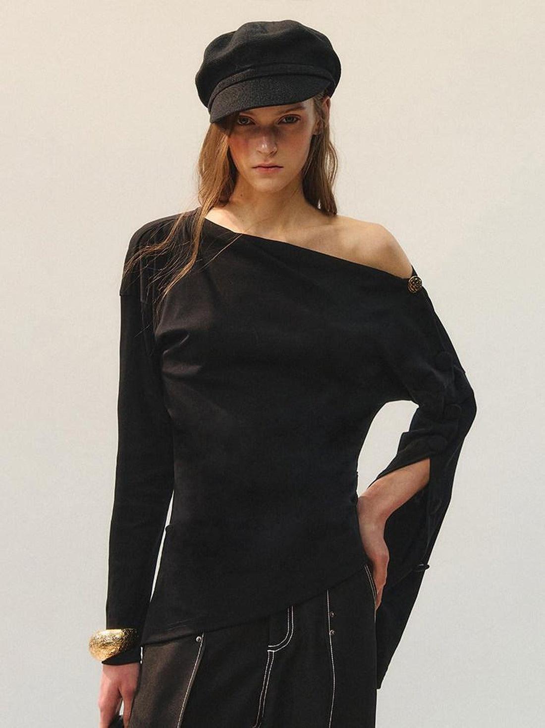 AnnoMundi Soft Cotton Stretch Slim Fit Casual Women Black Puff Sleeves T-Shirt