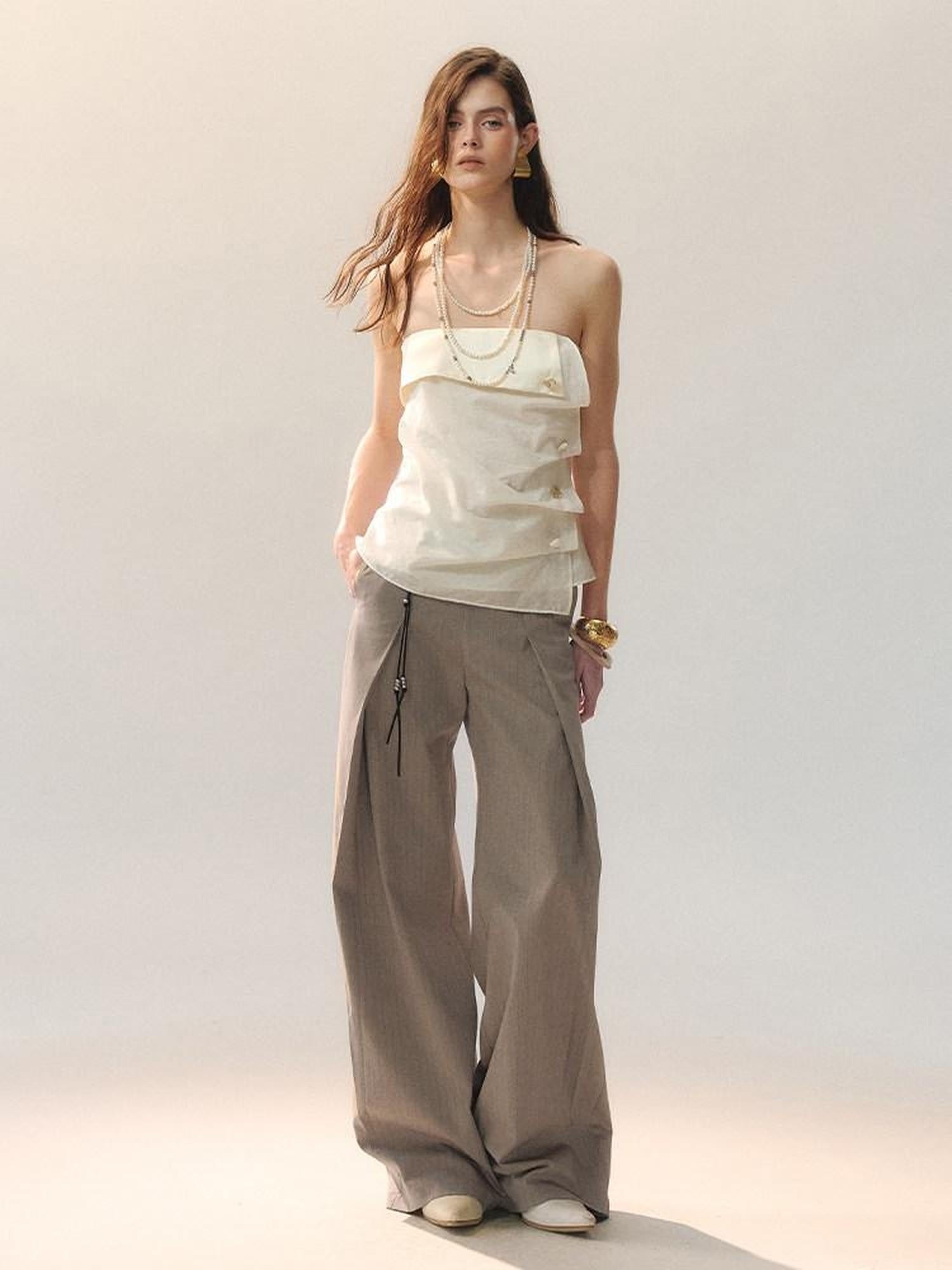 AnnoMundi Soft Poly Viscose Casual Mid High Waist Straight Women Khaki Straight Pants