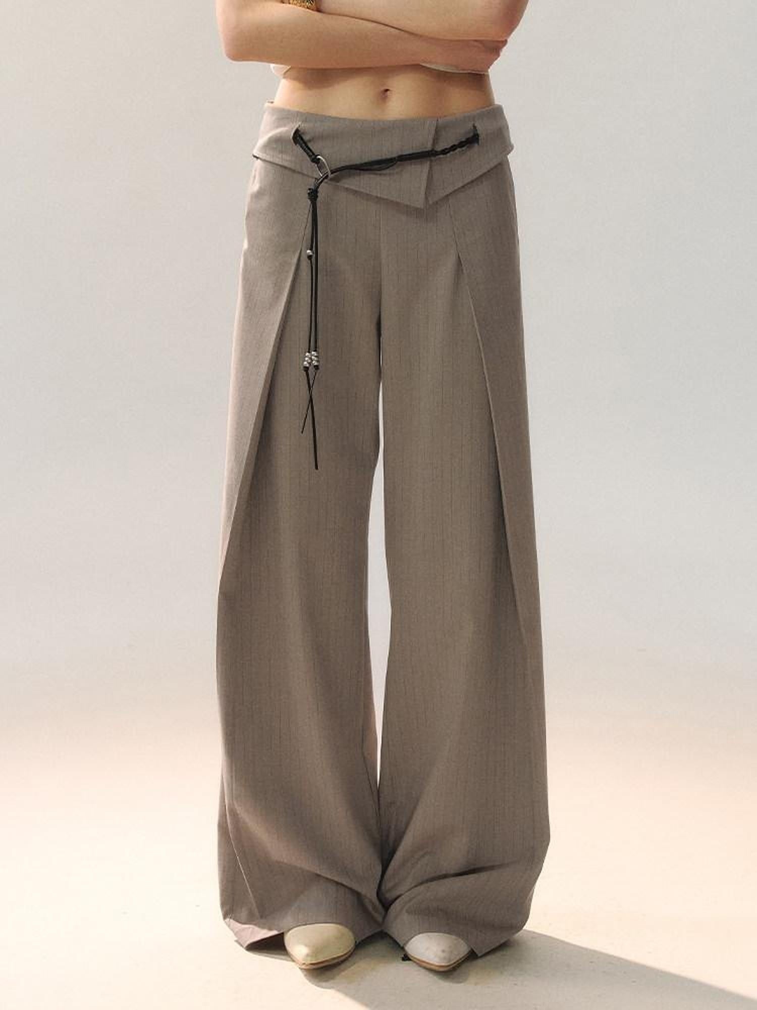 AnnoMundi Soft Poly Viscose Casual Mid High Waist Straight Women Khaki Straight Pants