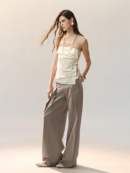 AnnoMundi Soft Poly Viscose Casual Mid High Waist Straight Women Khaki Straight Pants