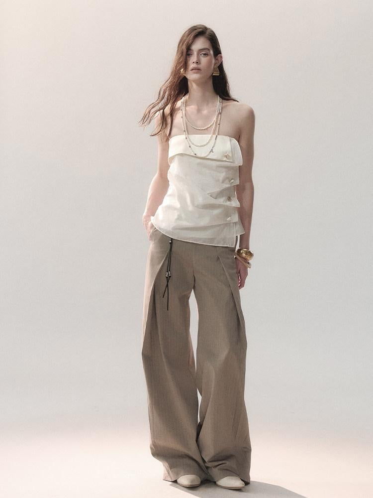 AnnoMundi Soft Poly Viscose Casual Mid High Waist Straight Women Khaki Straight Pants