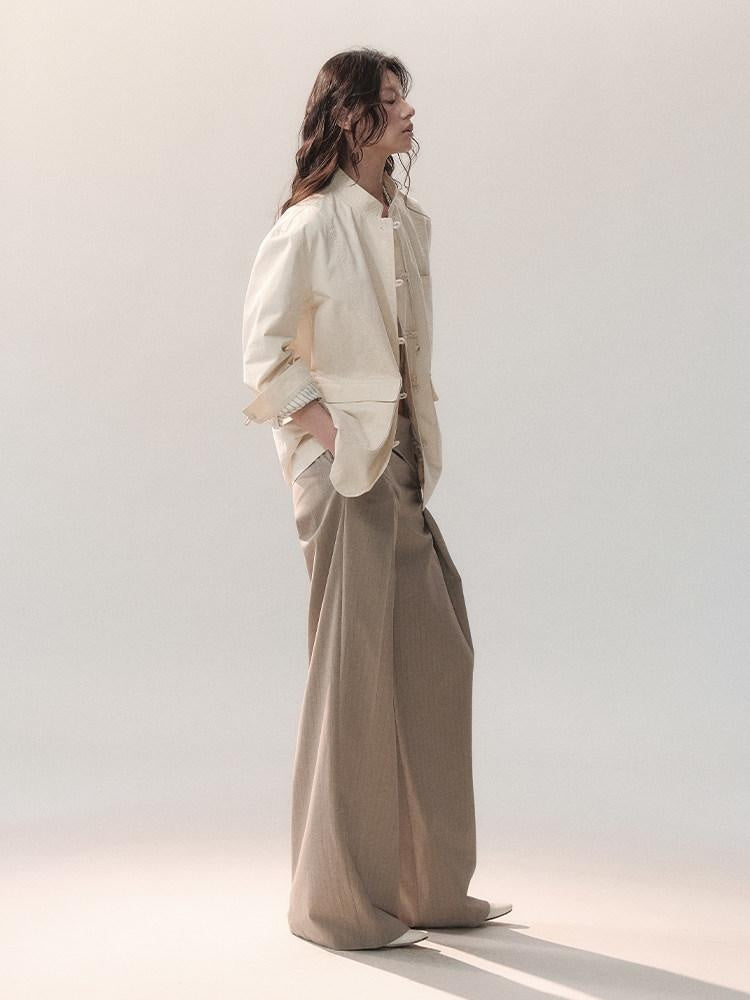 AnnoMundi Soft Poly Viscose Casual Mid High Waist Straight Women Khaki Straight Pants