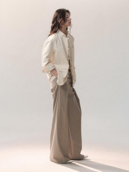 AnnoMundi Soft Poly Viscose Casual Mid High Waist Straight Women Khaki Straight Pants