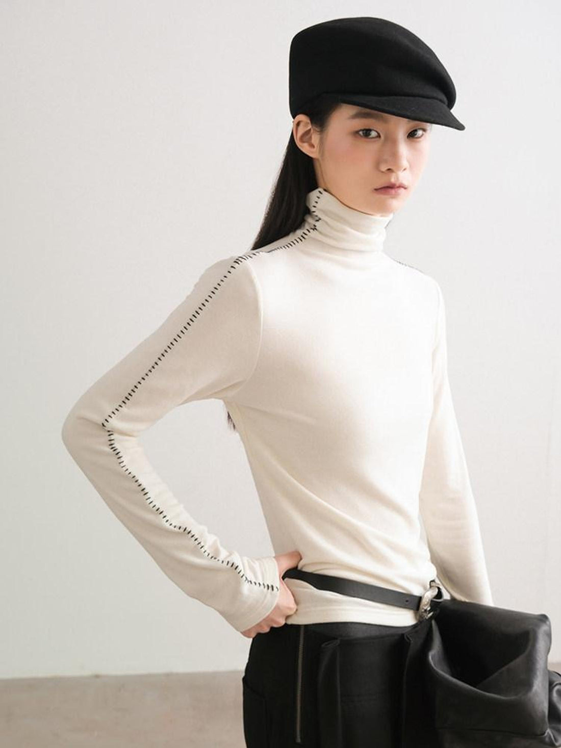 AnnoMundi Soft Viscose Casual Slim Fit High Neck Long Sleeve Women Black T-Shirt