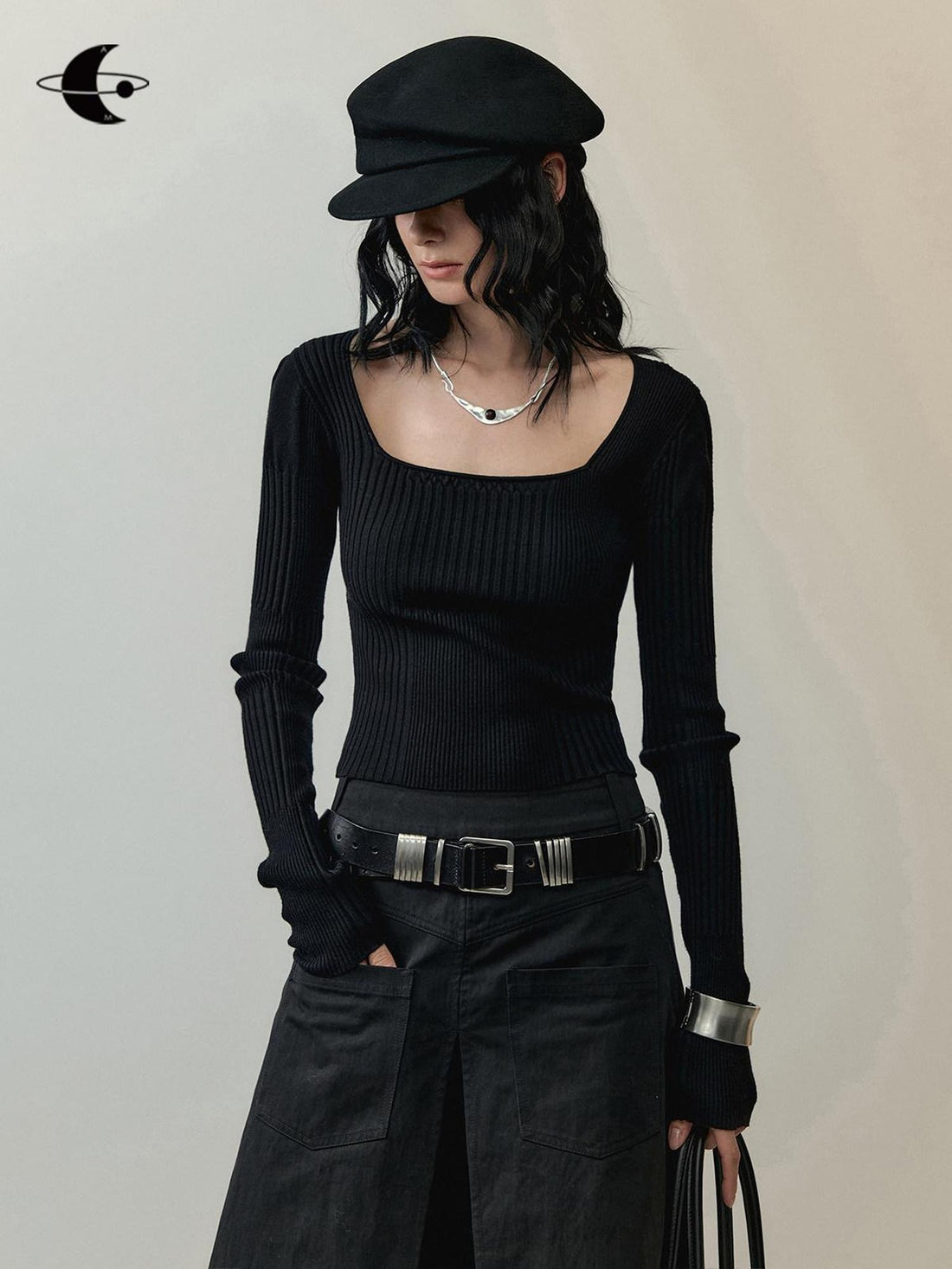 AnnoMundi Soft Viscose Slim Fit Square Neck Knit Long Sleeve Layering Women Casual T-Shirt