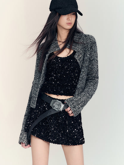 AnnoMundi Sparkle Sequin Black Velvet Mini Skirt