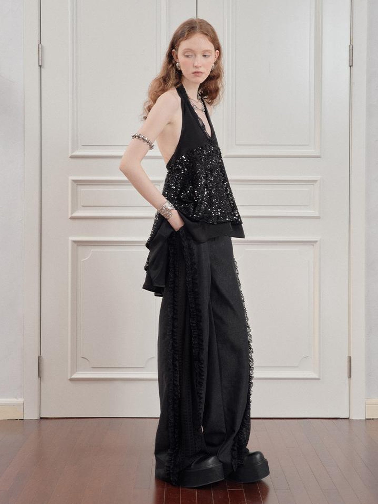 AnnoMundi Sparkle Strap Evening Gown With Flowy Layered Hem