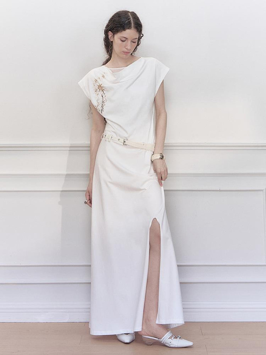 AnnoMundi Starry Draped Neck Slit Evening Gown