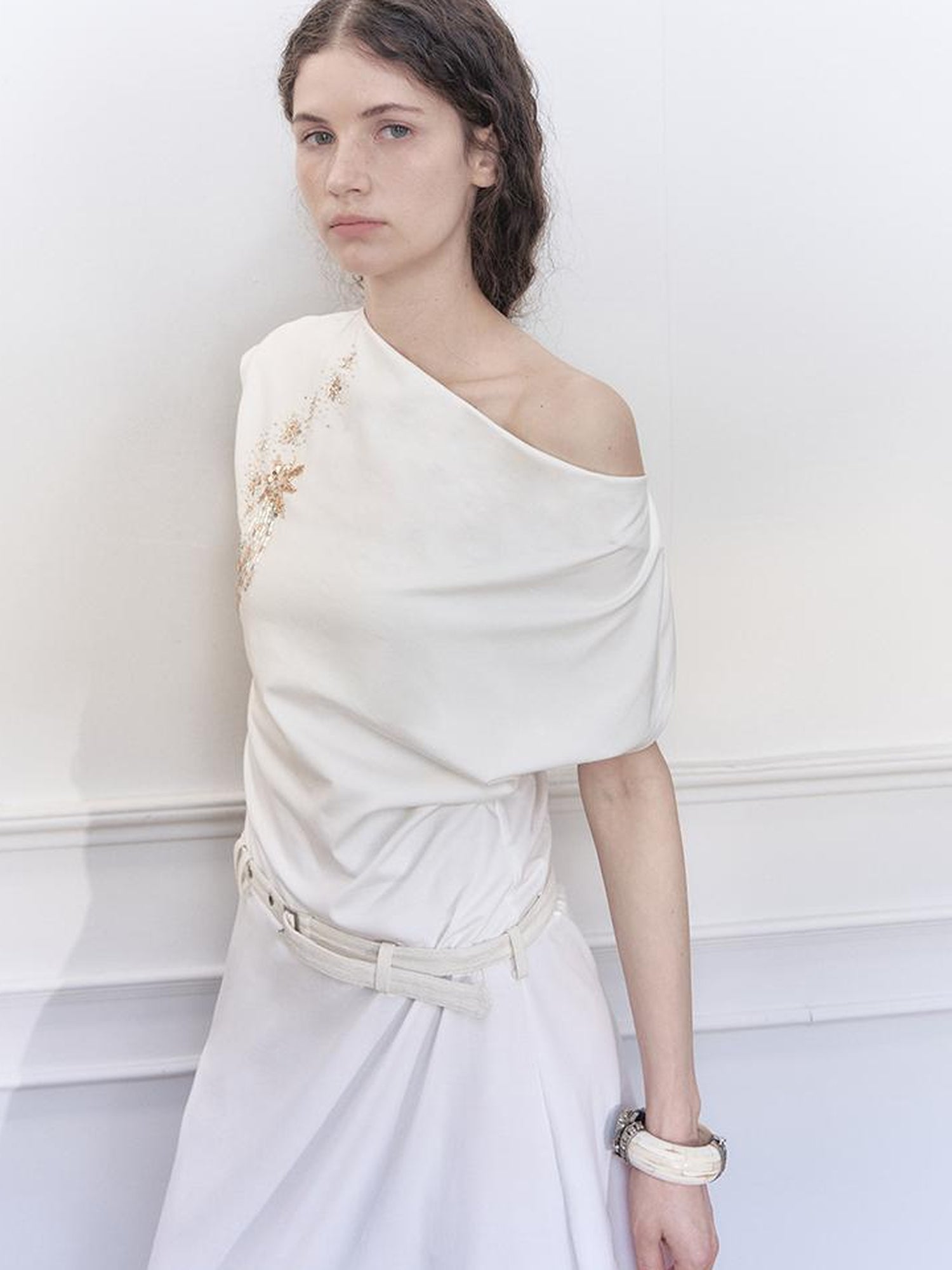 AnnoMundi Starry Draped Neck Slit Evening Gown