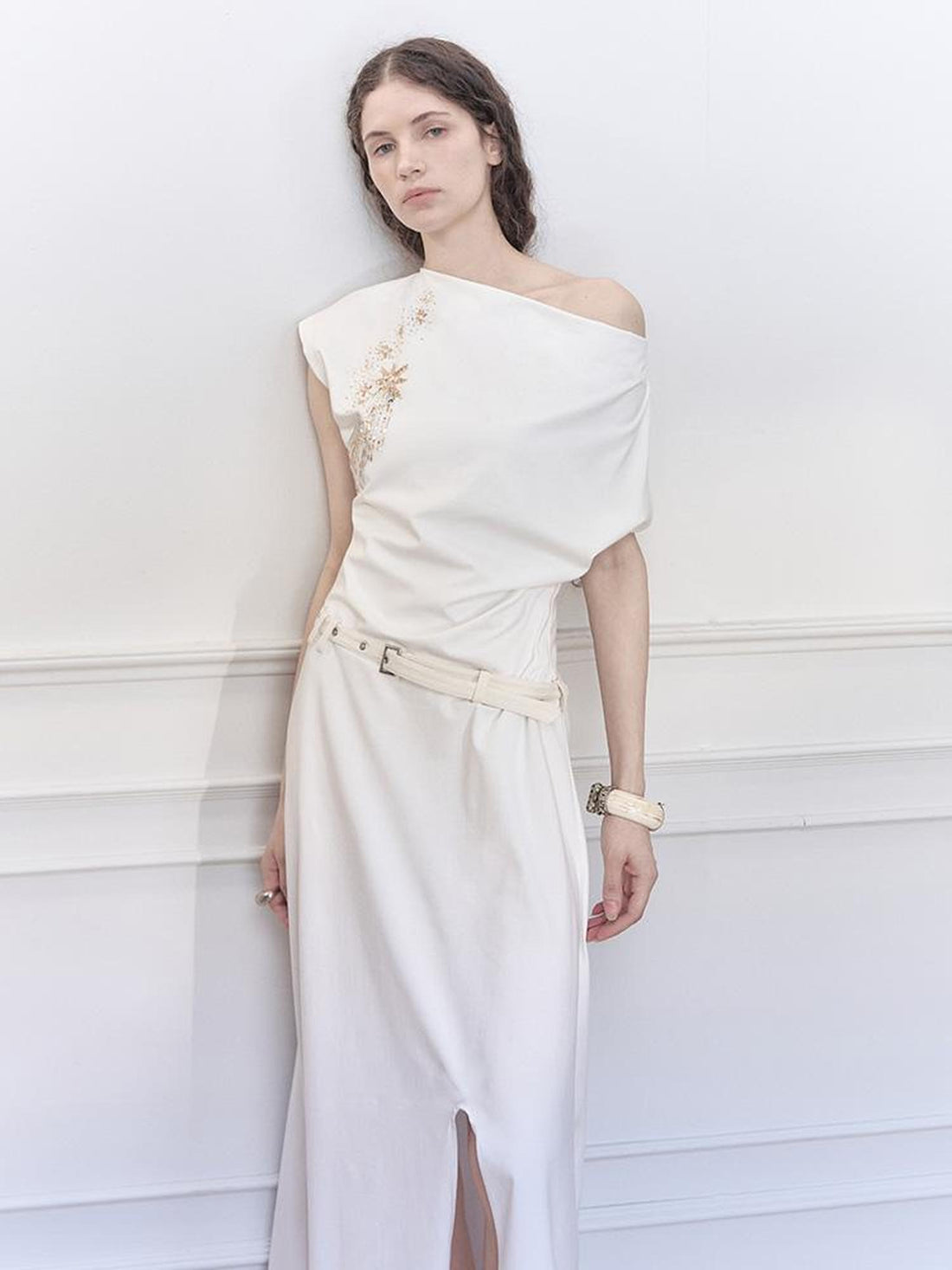 AnnoMundi Starry Draped Neck Slit Evening Gown