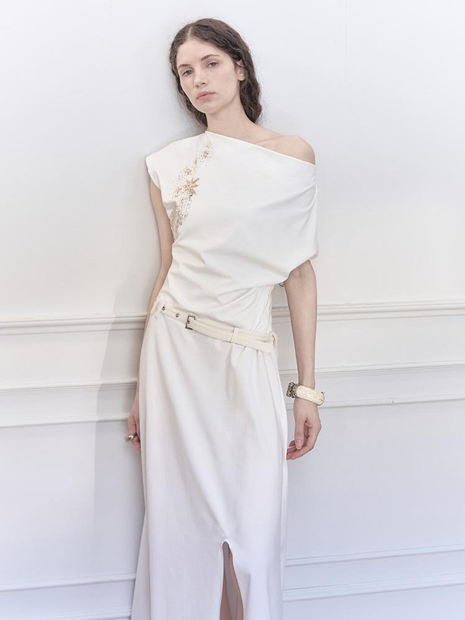AnnoMundi Starry Draped Neck Slit Evening Gown