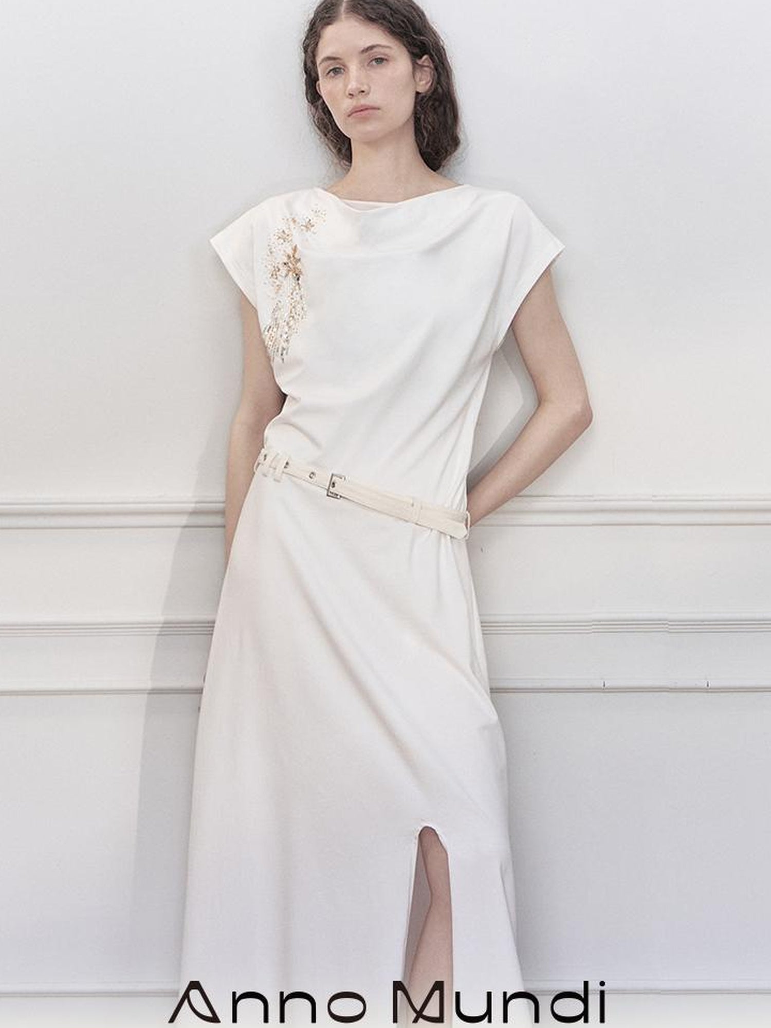 AnnoMundi Starry Draped Neck Slit Evening Gown