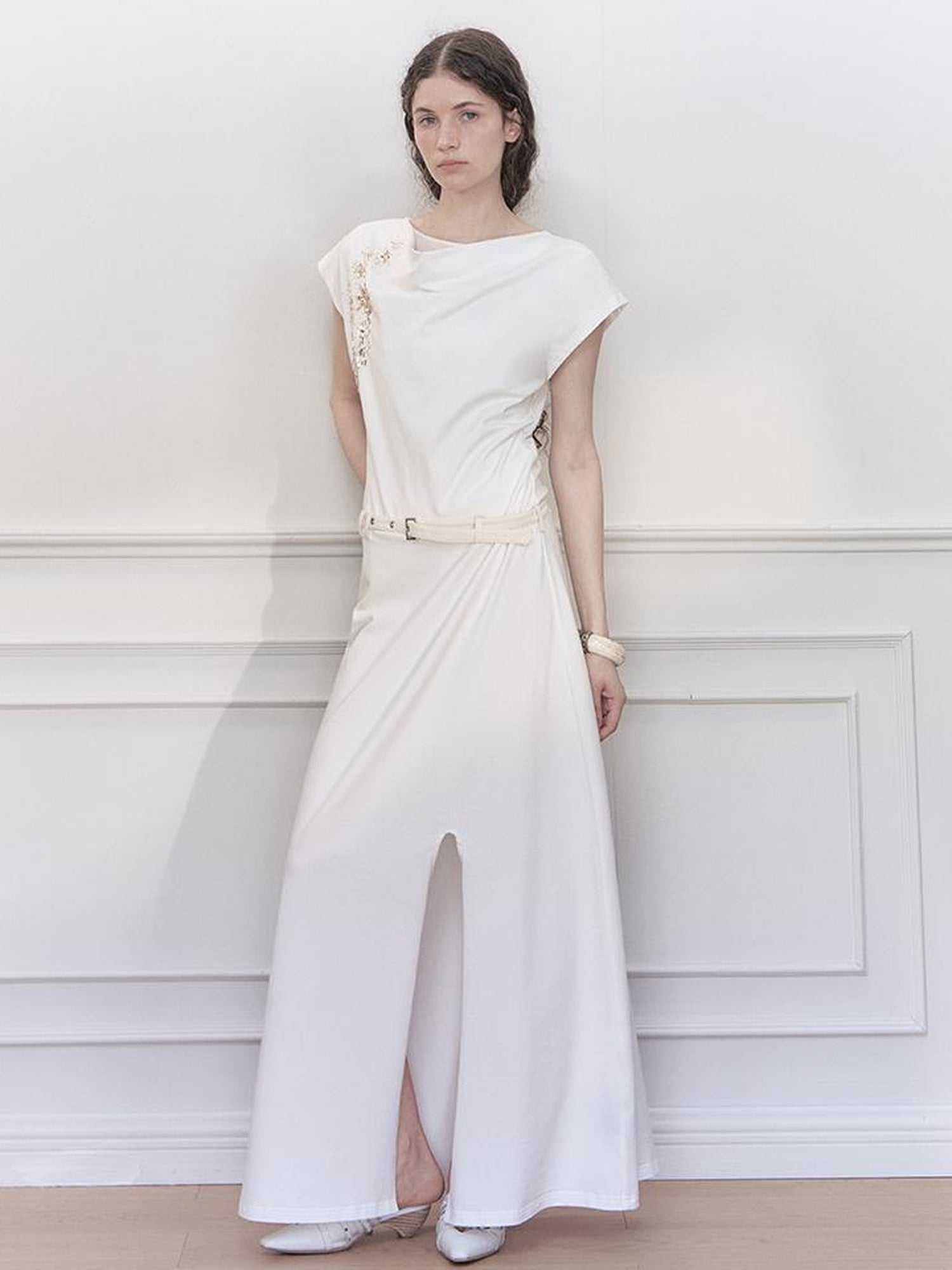 AnnoMundi Starry Draped Neck Slit Evening Gown