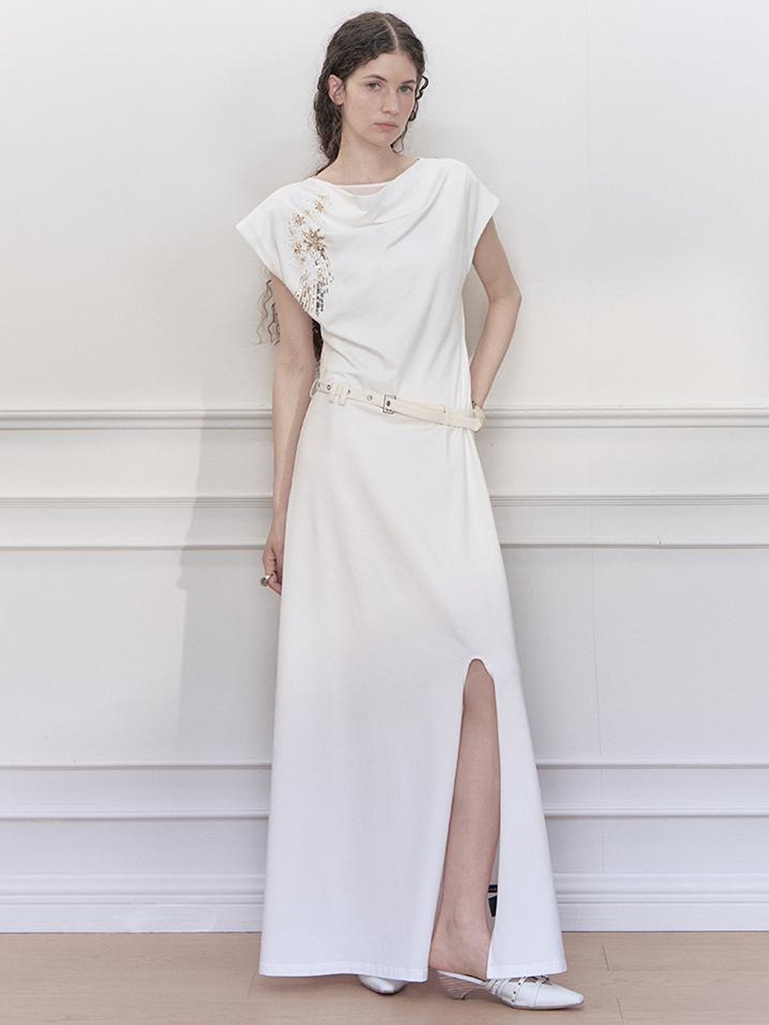 AnnoMundi Starry Draped Neck Slit Evening Gown