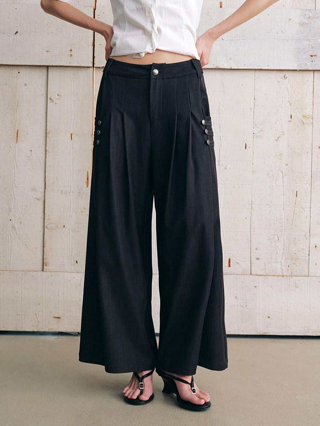 AnnoMundi Stone Gray Chinese Button Placket Pleated 7 8 Balloon Women&