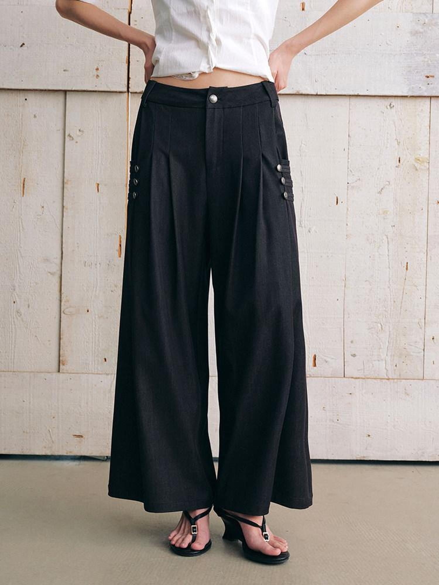 AnnoMundi Stone Gray Chinese Button Placket Pleated 7 8 Balloon Women&