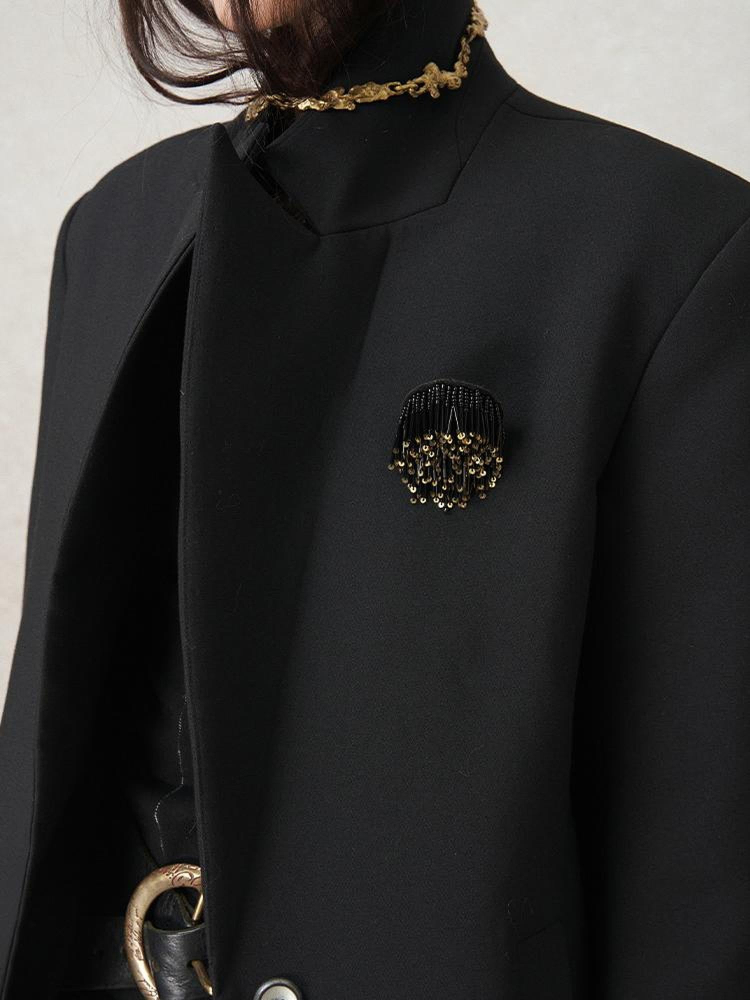 AnnoMundi Straight Cut Longline Blazer With Fringe Brooch