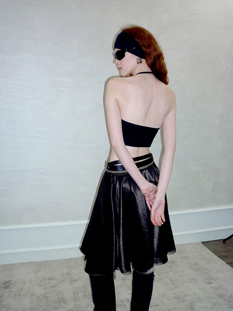 AnnoMundi Strappy Cropped Halter Neck Regular Fit Women Solid Black White Tank Tops