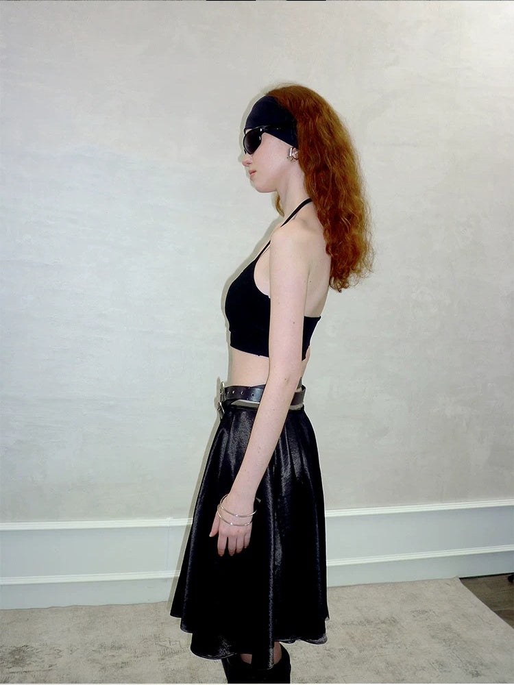 AnnoMundi Strappy Cropped Halter Neck Regular Fit Women Solid Black White Tank Tops