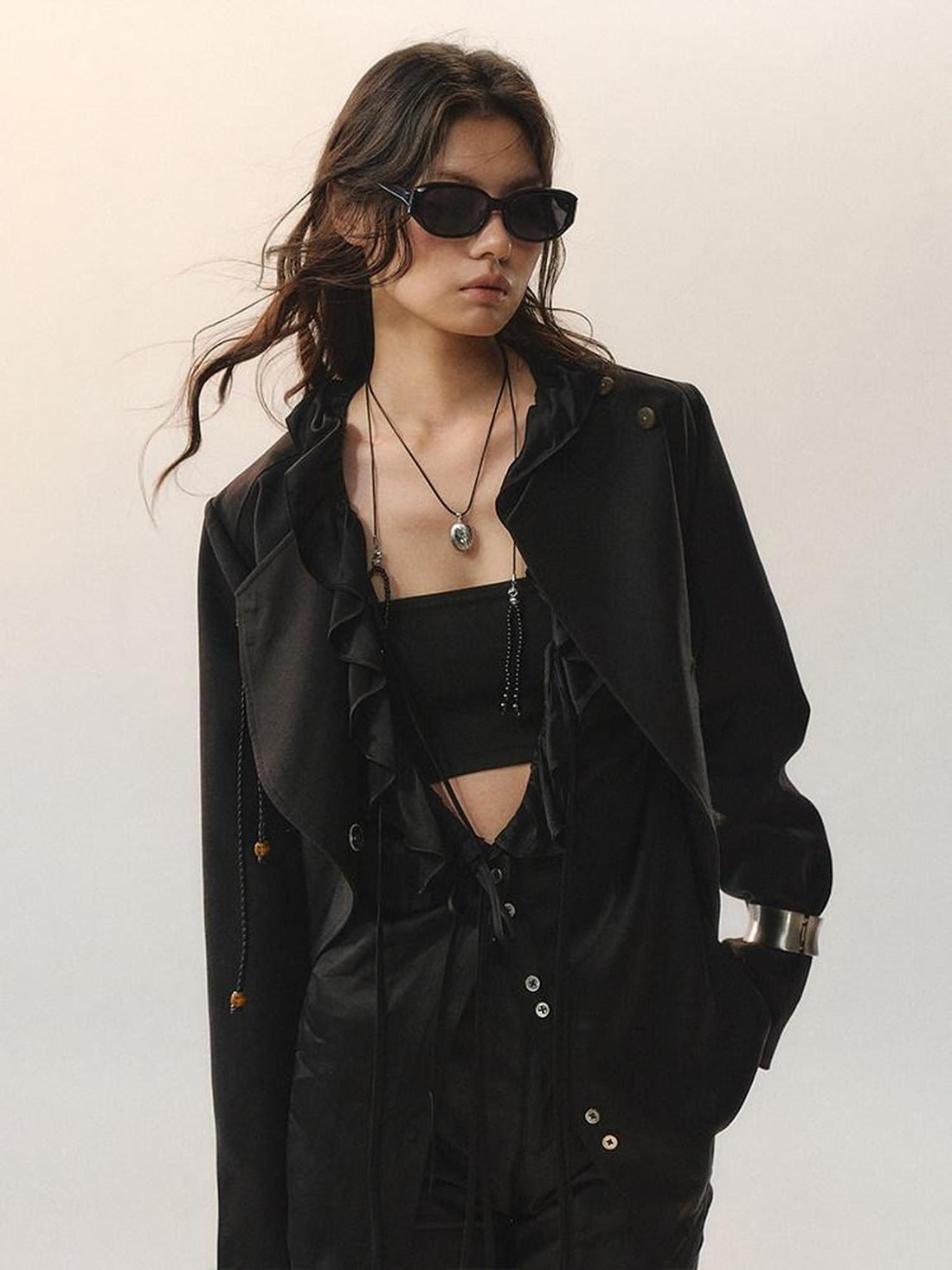 AnnoMundi Stretch Polyester Minimal Slim Fit One Button Black Womens Cropped Jackets