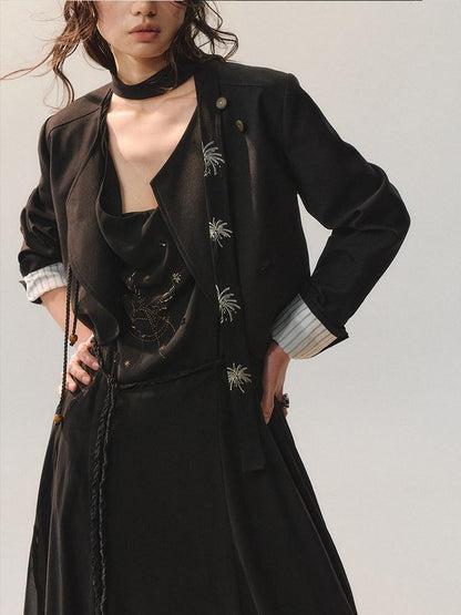 AnnoMundi Stretch Polyester Minimal Slim Fit One Button Black Womens Cropped Jackets