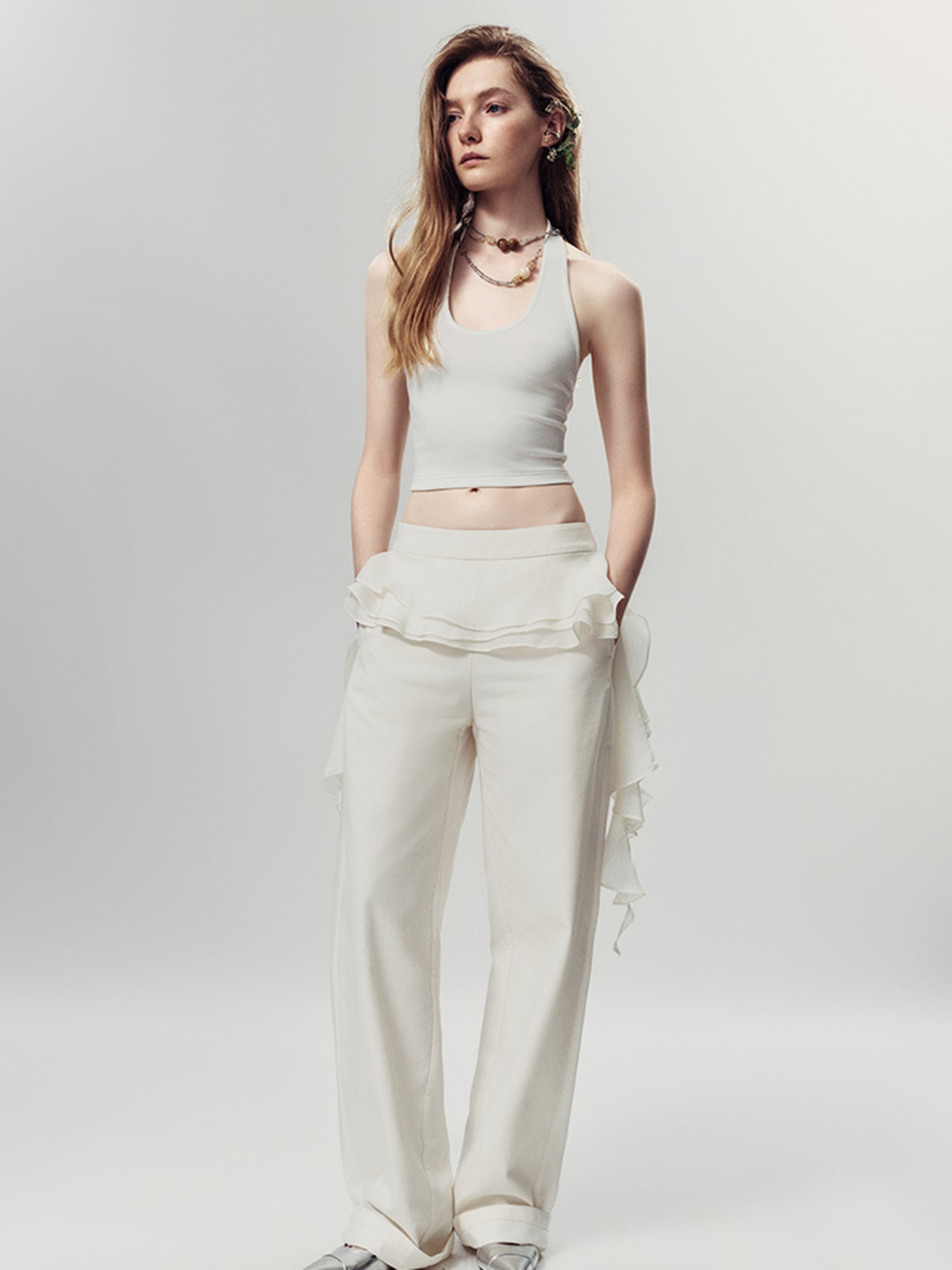 AnnoMundi Stretchy Halter Knit Top V Neck T Shirt Long Sleeve