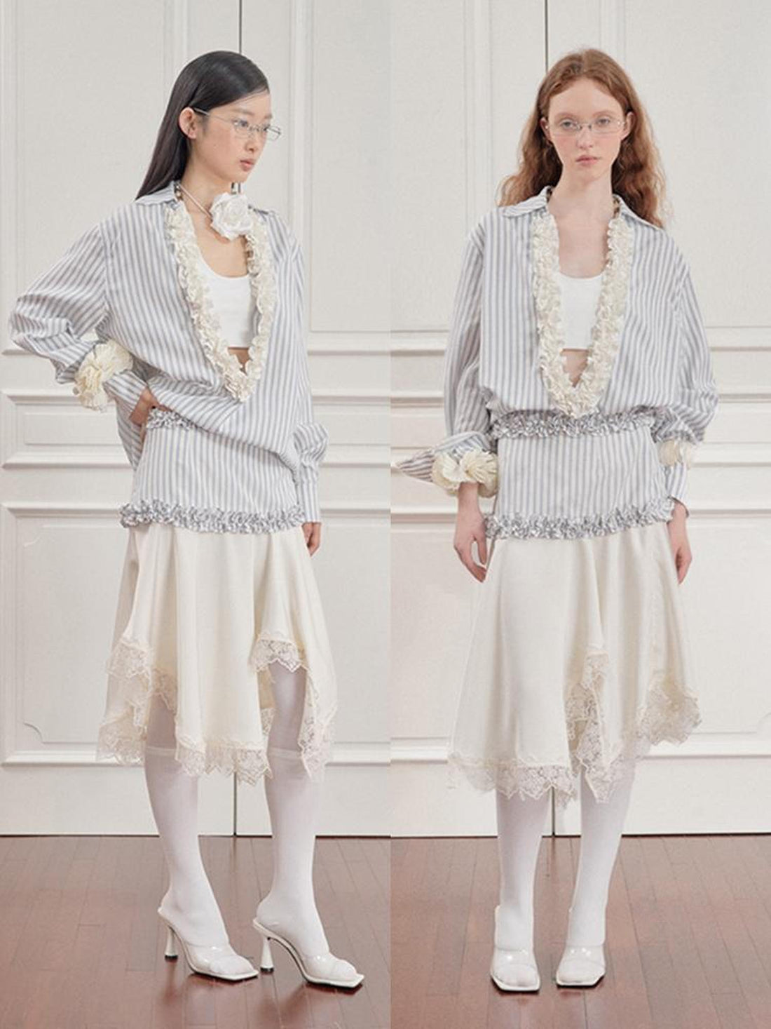AnnoMundi Striped Lace Hem Asymmetrical White Maxi Skirt