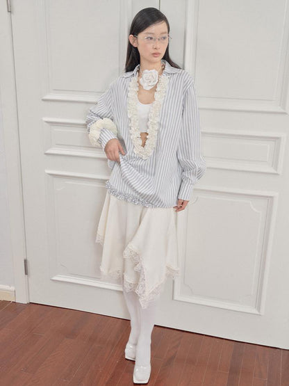 AnnoMundi Striped Lace Hem Asymmetrical White Maxi Skirt