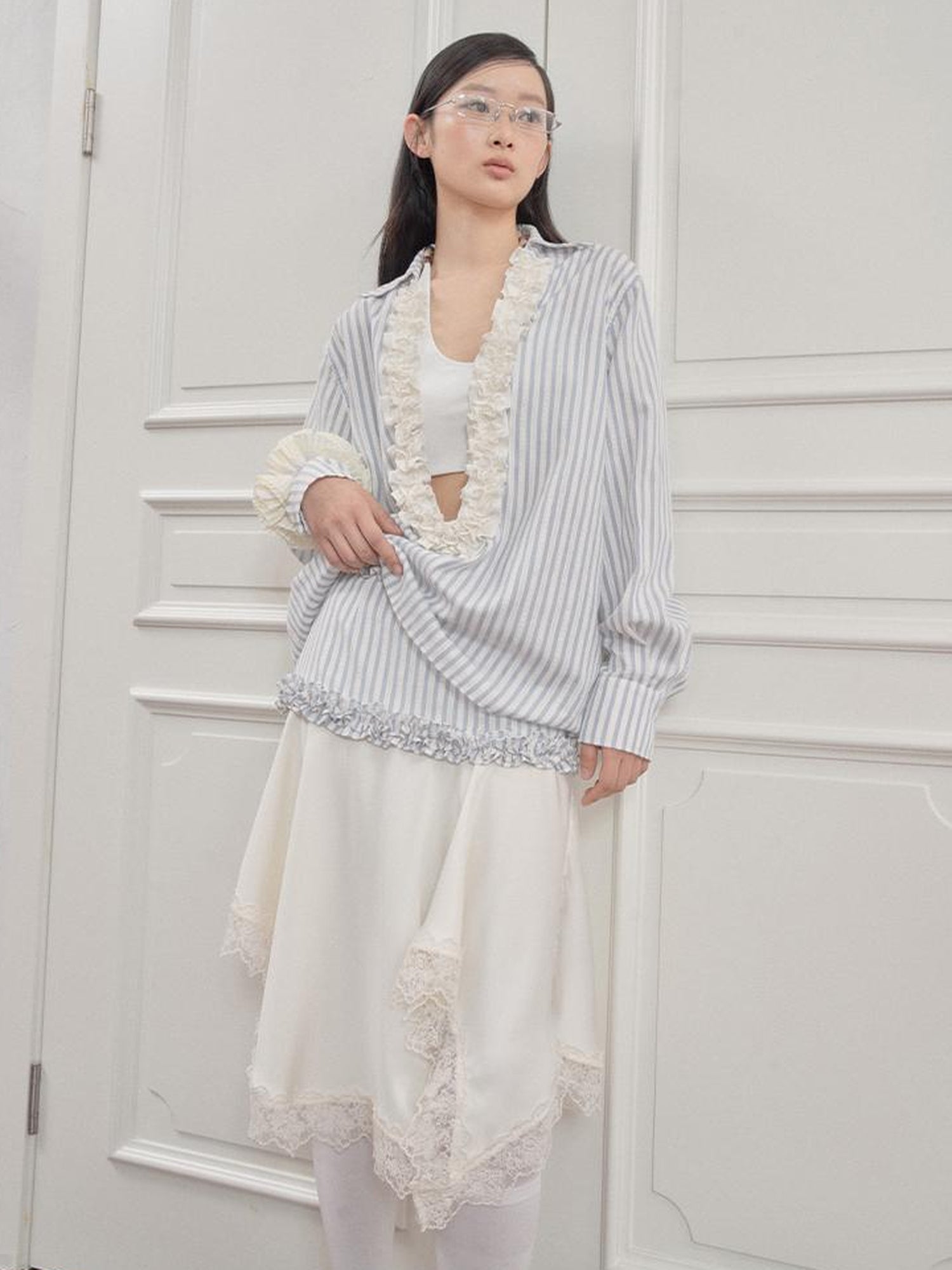 AnnoMundi Striped Lace Hem Asymmetrical White Maxi Skirt