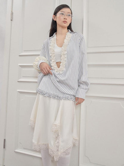 AnnoMundi Striped Lace Hem Asymmetrical White Maxi Skirt