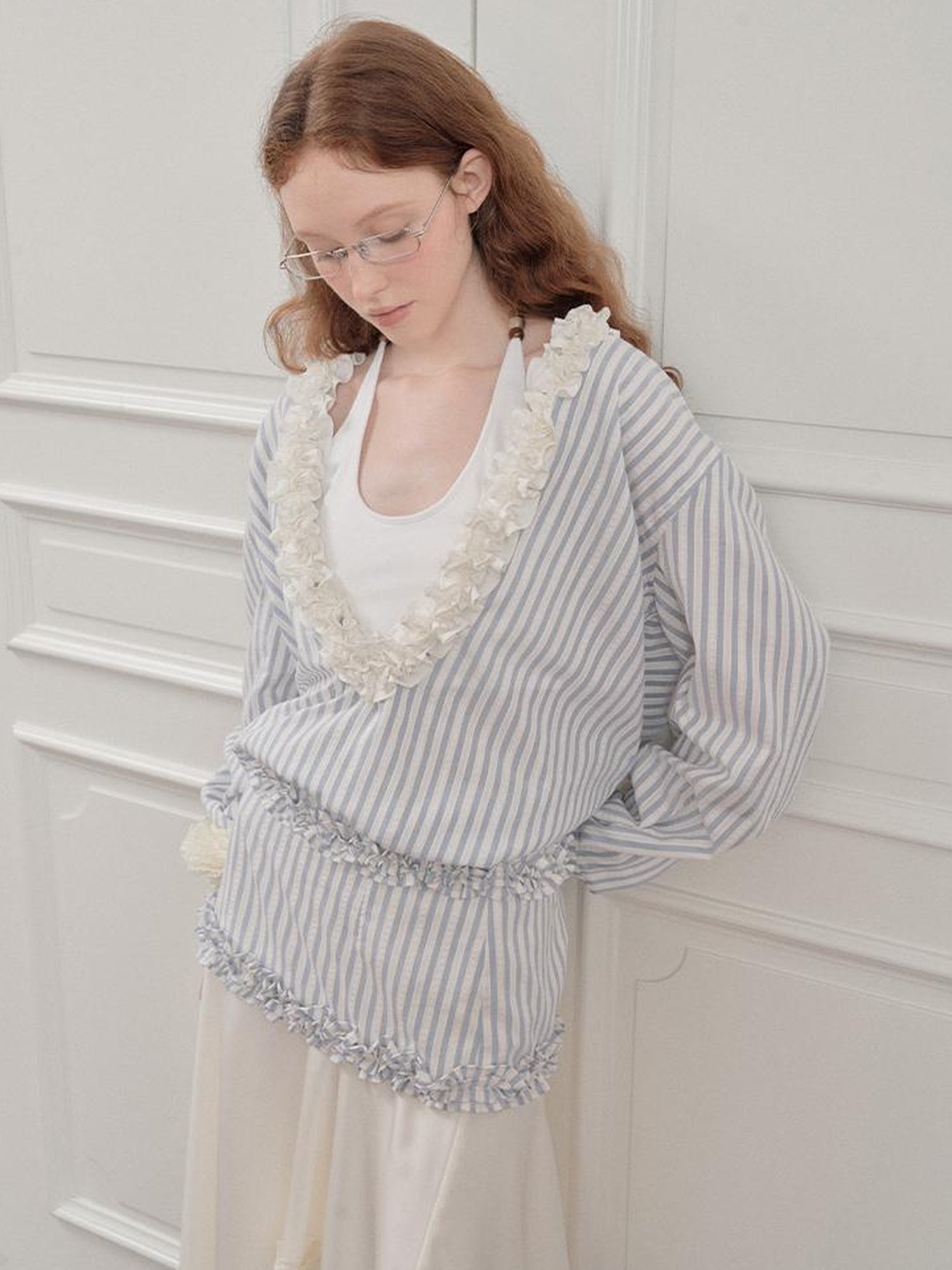 AnnoMundi Striped Lace Hem Asymmetrical White Maxi Skirt