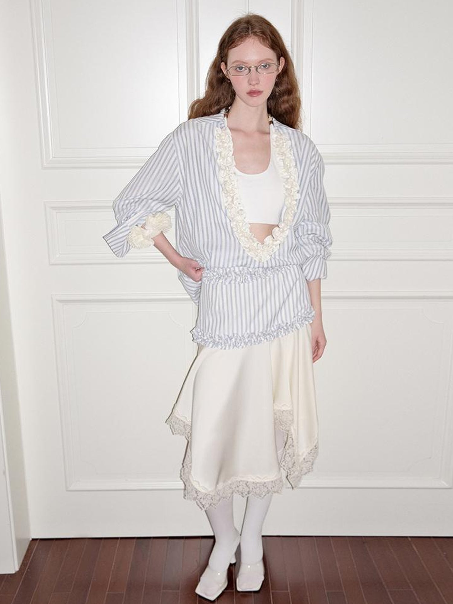 AnnoMundi Striped Lace Hem Asymmetrical White Maxi Skirt