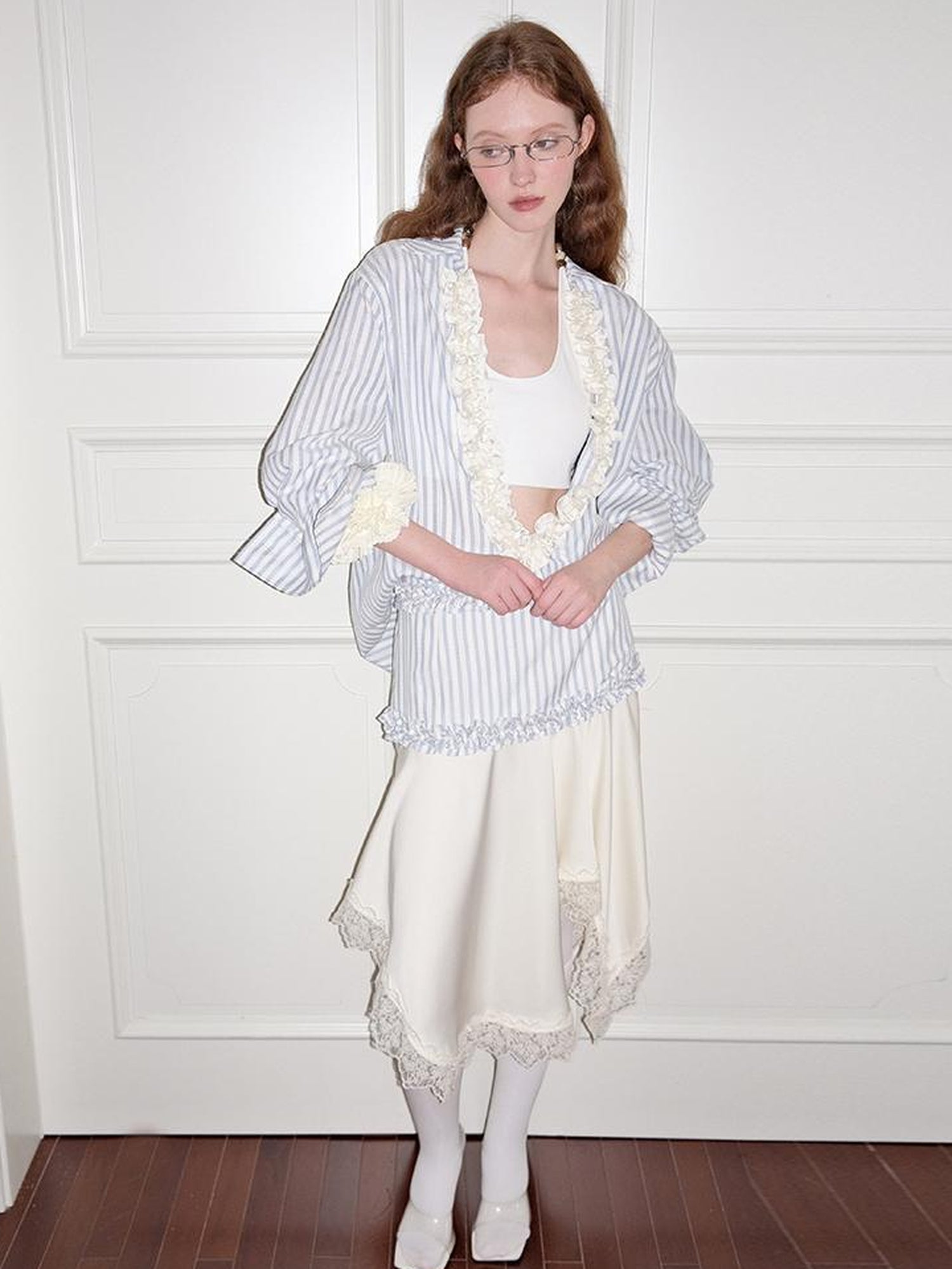 AnnoMundi Striped Lace Hem Asymmetrical White Maxi Skirt