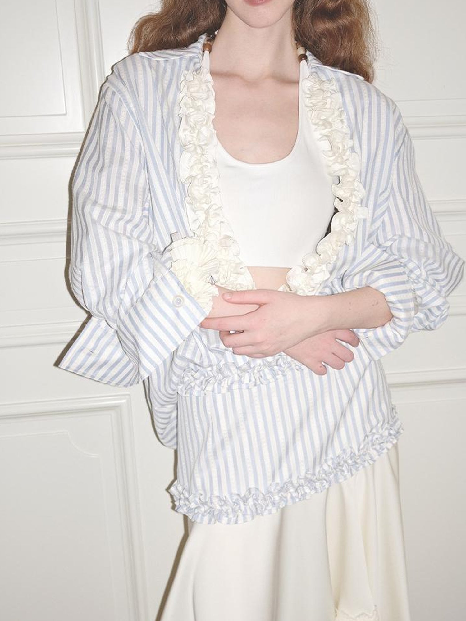 AnnoMundi Striped Lace Hem Asymmetrical White Maxi Skirt