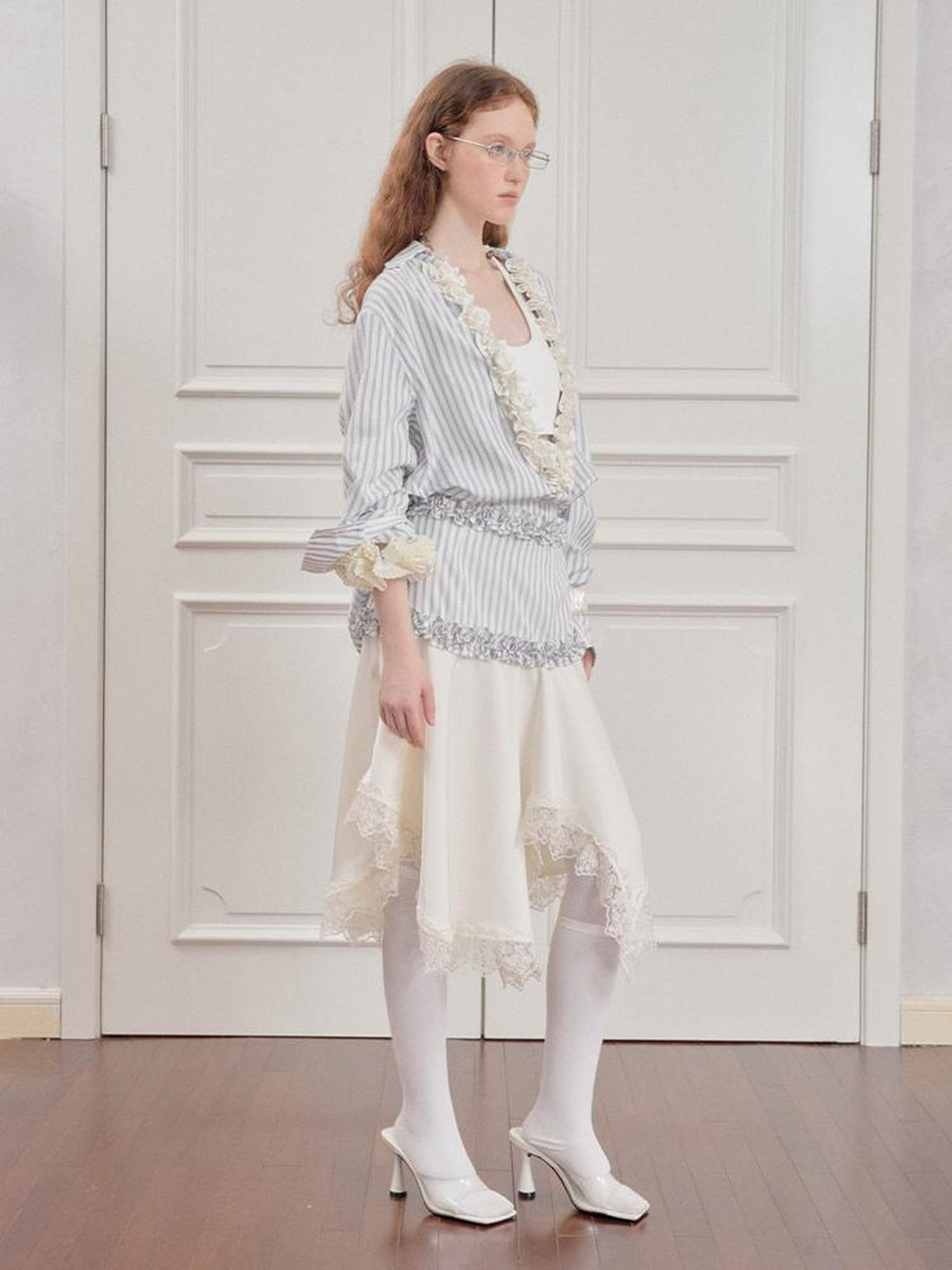 AnnoMundi Striped Lace Hem Asymmetrical White Maxi Skirt