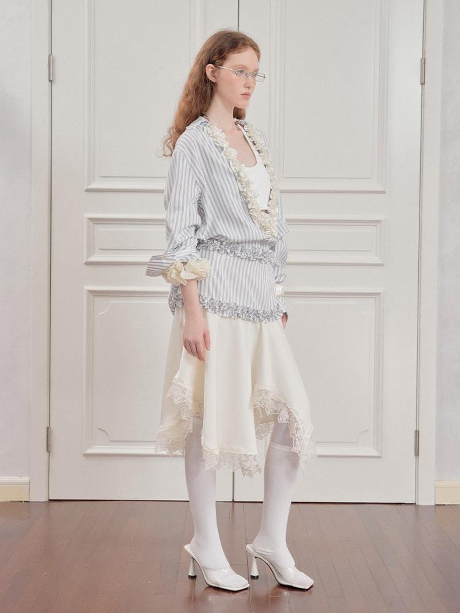 AnnoMundi Striped Lace Hem Asymmetrical White Maxi Skirt