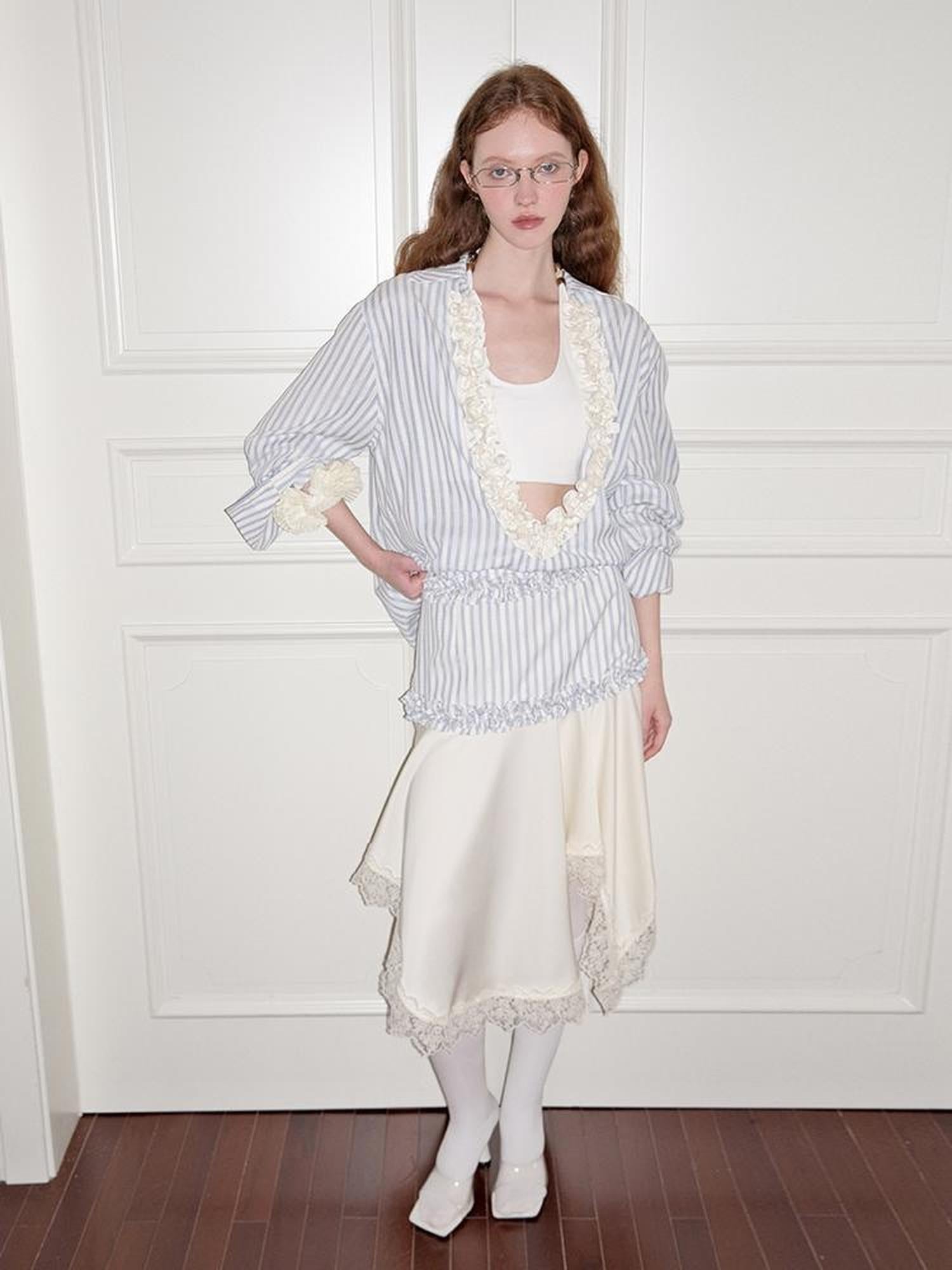 AnnoMundi Striped Lace Hem Asymmetrical White Maxi Skirt