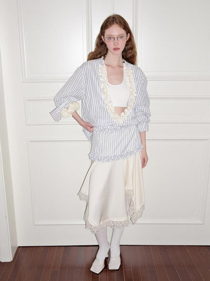 AnnoMundi Striped Lace Hem Asymmetrical White Maxi Skirt
