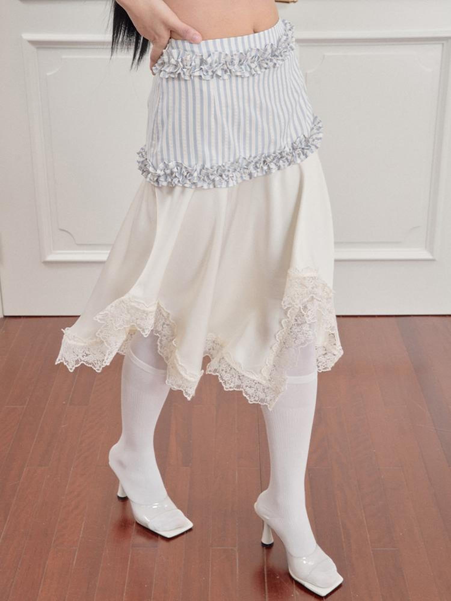 AnnoMundi Striped Lace Hem Asymmetrical White Maxi Skirt