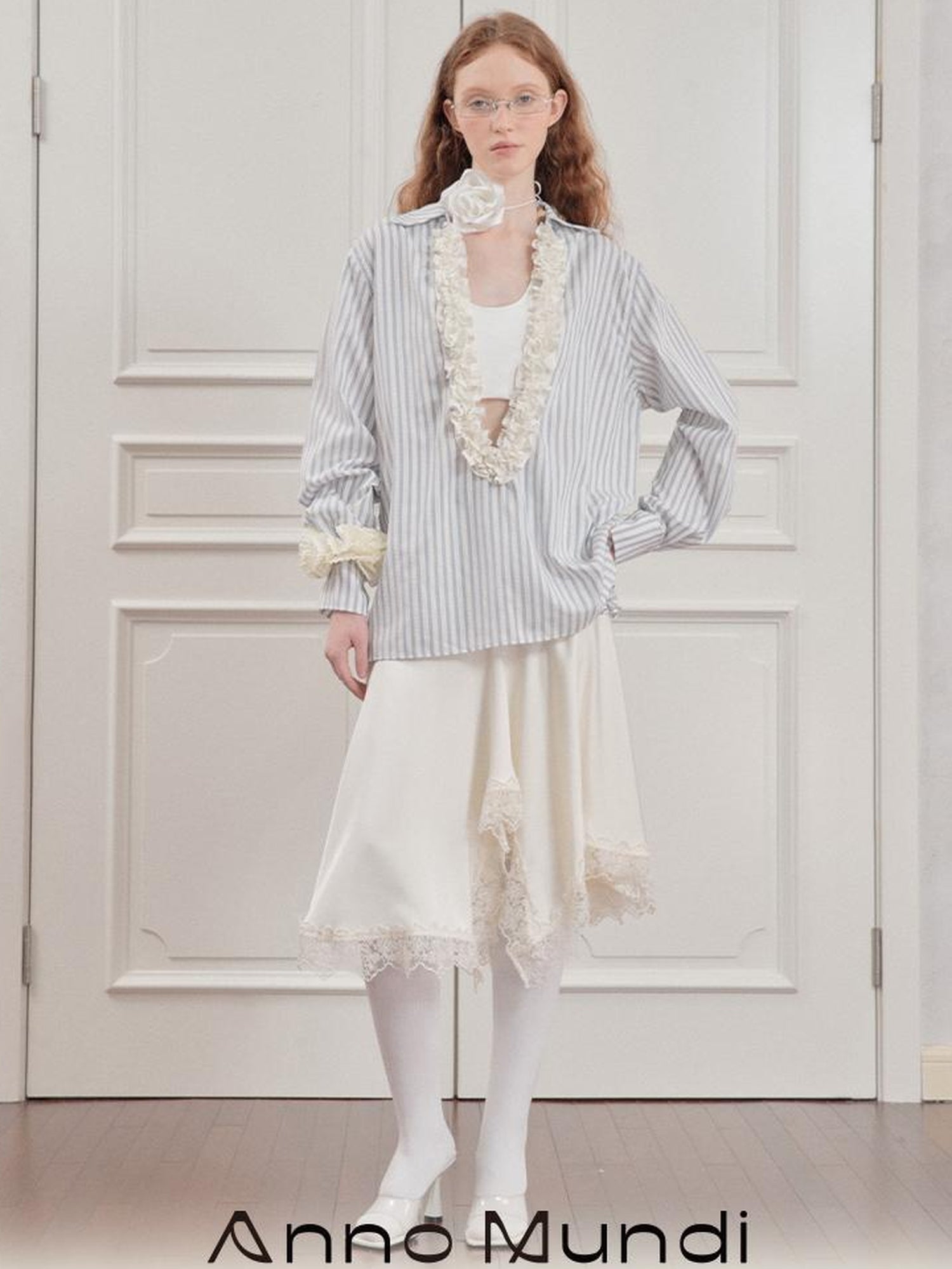 AnnoMundi Striped Lace Hem Asymmetrical White Maxi Skirt