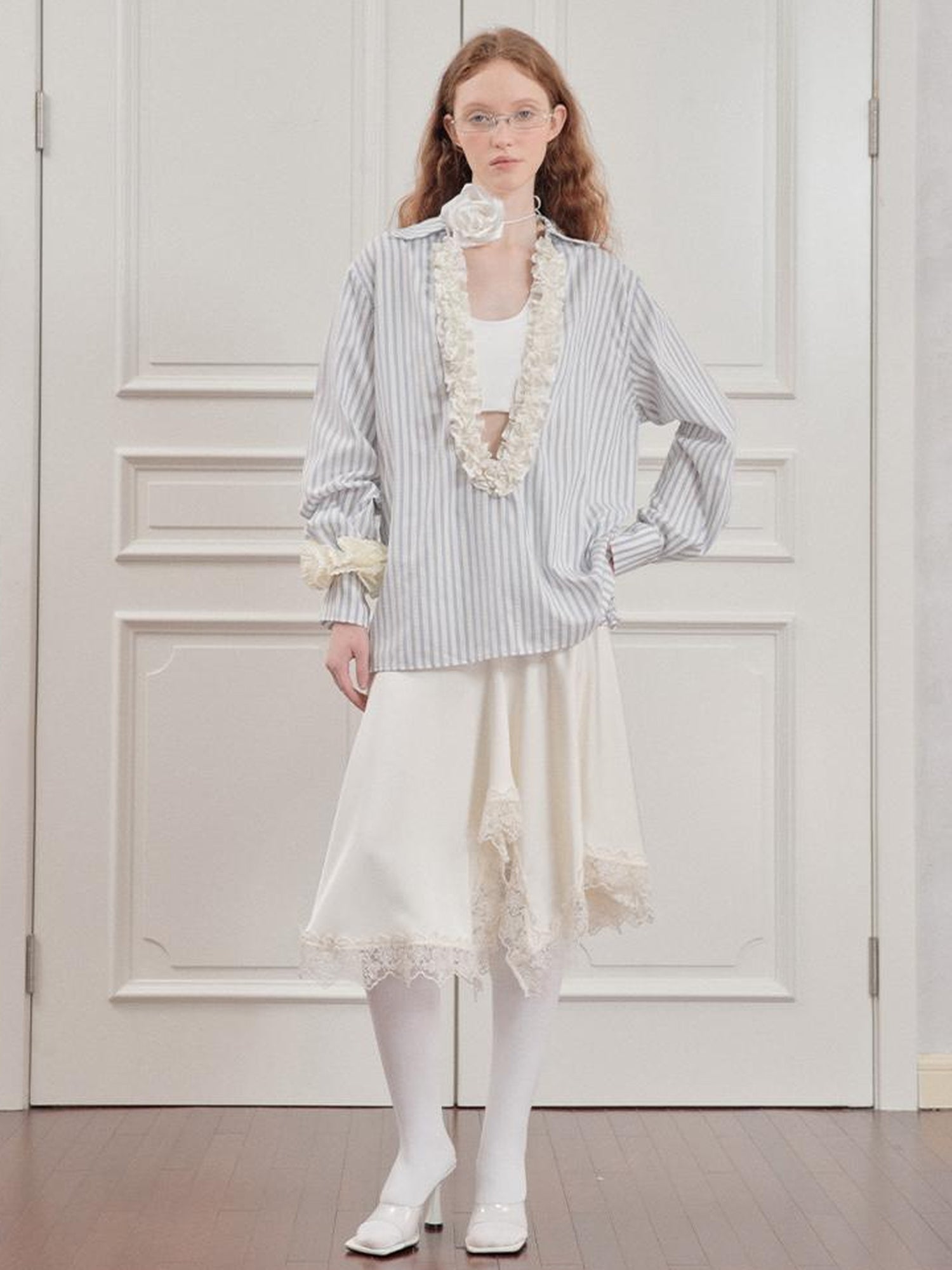 AnnoMundi Striped Lace Hem Asymmetrical White Maxi Skirt