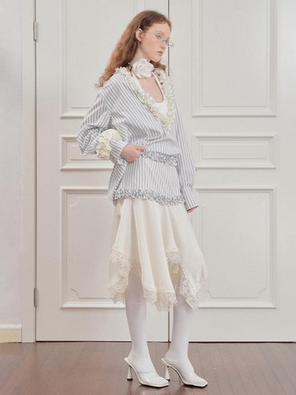 AnnoMundi Striped Lace Hem Asymmetrical White Maxi Skirt