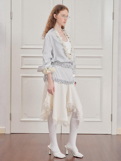 AnnoMundi Striped Lace Hem Asymmetrical White Maxi Skirt