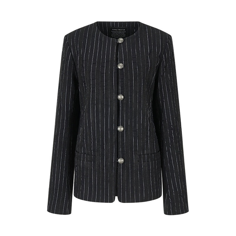 AnnoMundi_Striped_Textured_High_Neck_Cinched_Waist_Women&