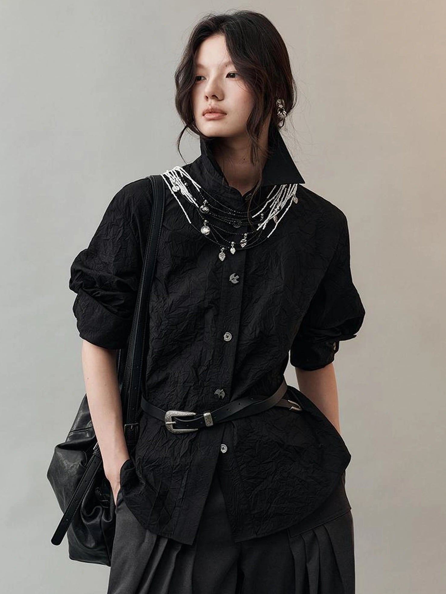 AnnoMundi Textured Bird Button Asymmetric Shirt Shirts