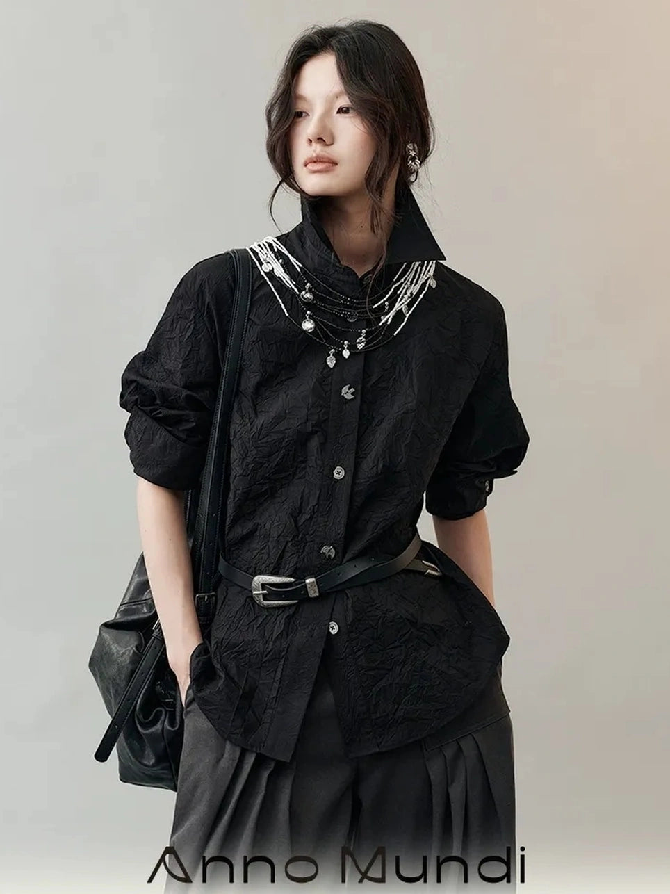AnnoMundi Textured Bird Button Asymmetric Shirt Shirts